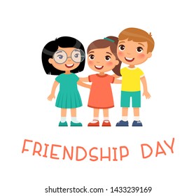 Friendship Day. Three international children hugging.
Funny cartoon character. Vector illustration. Isolated on white background
