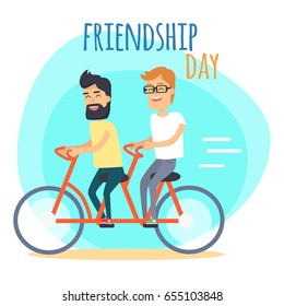 Friendship Day. Two best friends. One brunette with beads and other redhead in glasses, ride double bicycle on blue background with sign. Vector illustration of Friendship Day promotion poster.