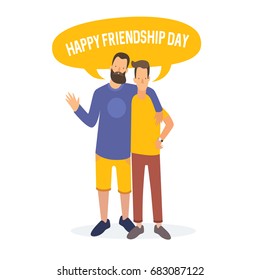 Friendship Day. Two cartoon young people are embracing, and rejoice in feast of friends. Vector illustration.