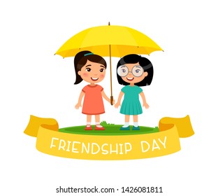 Friendship day.  Two cute little asian girls stand with an yellow umbrella. Happy school or preschool kids friends playing together. Funny cartoon character. Vector illustration. 