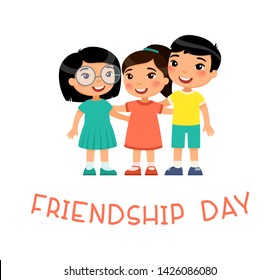  Friendship Day. Two сute little asian girls and boy hugging.
Funny cartoon character. Vector illustration. Isolated on white background
