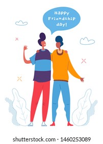 Friendship Day. Two man hugging. Vector illustration of couple cheerful friends for greeting card or poster.