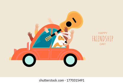 Friendship Day vector banner with a group of people and a funny dog ​​in a small car. Illustration in cartoon style