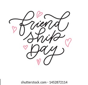 Friendship day vector typographic design. Handwritten lettering of Friendship Day with pink hearts. Greeting for badge, icon, card, postcard, logo, banner, tag. T-shirt for best friends.