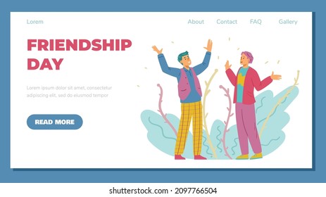 Friendship day web banner template with friends going to embrace, flat vector illustration. Friendship and amity, friendly support concept of web landing page.