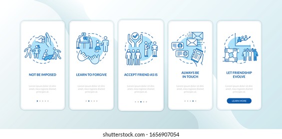 Friendship development onboarding mobile app page screen with concepts. Good friend personal values walkthrough 5 steps graphic instructions. UI vector template with RGB color illustrations