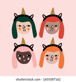 Friendship of different nationalities concept. Bday girls chill characters, unicorn costume. Pajama party. Boho Birthday Anniversary. Vector EPS clip art design