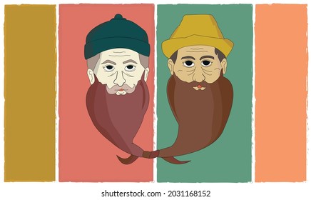 friendship and diversity concept  about the relationship  between two  different beard guys and hat with multi-color soft  background