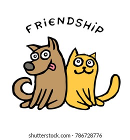 Perro de amistad y gato. Los mejores amigos. Ilustración vectorial. Personajes de mascotas de caricatura. Juntos para siempre