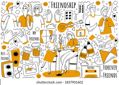 Friendship doodle set. Collection of hand drawn sketche templates patterns of happy male female friends having fun and spending time together. Friendly relationship between people illustration.