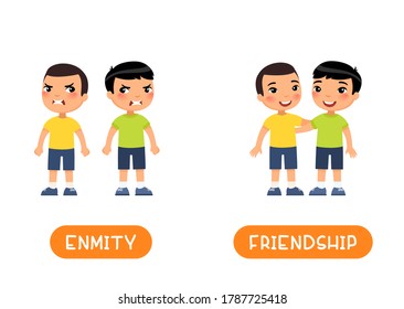 FRIENDSHIP and ENMITY antonyms flash card, opposites concept. Two little Asian boys quarrel and friends. Word card for English language learning