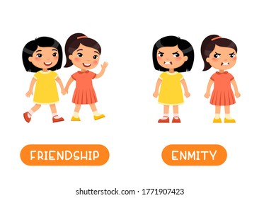 FRIENDSHIP and ENMITY antonyms flashcard vector template. Opposites concept. Two little asian girls quarrel and friends illustration with typography. Word card for english language learning 