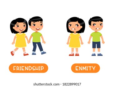 FRIENDSHIP and ENMITY antonyms flashcard vector template. Opposites concept. Word card for english language learning with flat characters. Asian girl and boy quarrel illustration with typography