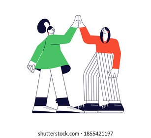 Friendship and expression joy with a gesture high five together. Two girls giving a high five for great work isolated on white in modern outline minimalism design. Flat Art Vector Illustration. 