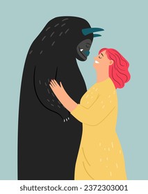 Friendship with fear in the form of a friendly monster. Woman's triumph over her anxiety. Illustration of couple girland friend fear, cartoon character