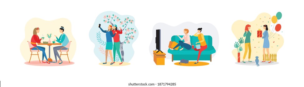 Amistad. Conjunto plano de amigos en diferentes acciones. Se dan regalos mutuamente, charlan en un café, ven la televisión juntos, se toman un selfie juntos. Ilustración del vector