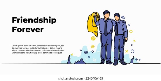 Friendship forever web banner. Vector illustration of man walks embracing his agitated friend. Modern flat in continuous line style.