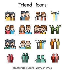 Friendship and Friend icon set in colorline style