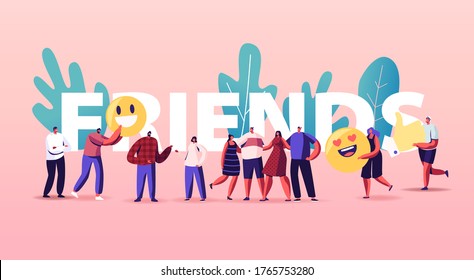 Friendship and Friends Concept. Tiny People Group with Huge Smiles Smiling and Laughing Together. Characters in Good Relations, Togetherness, Happiness Poster Banner Flyer. Cartoon Vector Illustration