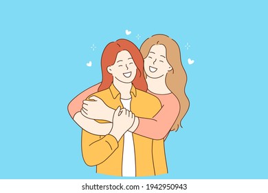 Friendship, girls happiness and hugs concept. Two Cheerful smiling young girls cartoon characters in casual clothing standing and embracing each other vector illustration 