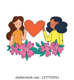 Friendship girls holding a heart together hand drawn flat illustration isolated on white. 