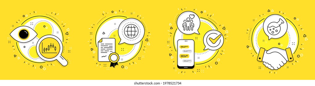 Friendship, Globe and Candlestick graph line icons set. Licence, cell phone and deal vector icons. Chemistry lab sign. Trust friends, Internet world, Finance chart. Laboratory. Business set. Vector