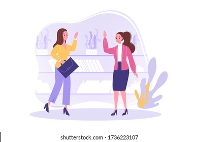 Friendship, greeting, business concept. Young happy businesswomen friends partners employees colleagues greet each other at work office. Meeting of clerks managers together vector illustration.