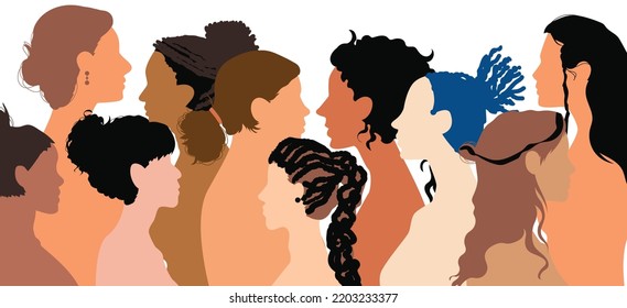 Friendship group of women and girls from different ethnicities and racial backgrounds who communicate and share information online and in the community. Female diversity and Head profile.