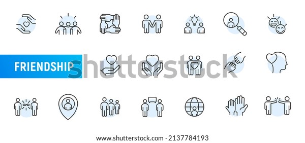 Friendship\
hand support line icon. Heart community relationship vector\
partnership social people together\
concept