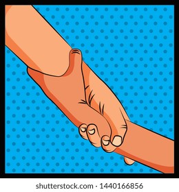 Friendship hands greeting pop art cartoon on dotted colorful background vector editable image