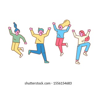 Friendship. Happy group of young people jumping.  Line art characters.  Lifestyle, success. Minimal Vector Flat illustration. 