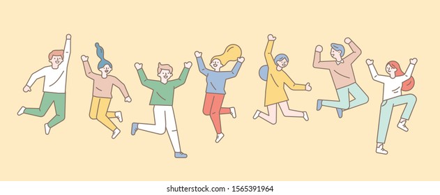 Friendship. Happy group of young people jumping.  Line art characters.  Lifestyle, success. Minimal Vector Flat illustration. 