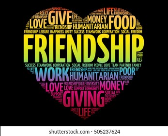 Friendship heart word cloud collage, concept background