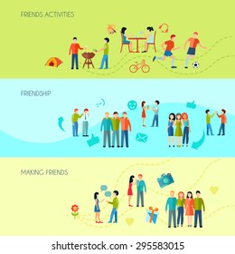 Friendship horizontal banners set with communication activities and free time flat isolated vector illustration 