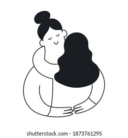 Friendship, hug a close friend or loved one. Cute black and white cartoon illustration about emotions, support, love, and friendship. Outline isolated vector on white.