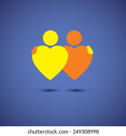 friendship hug, couple in deep love concept vector icon of hearts together. This also represents couple in love, hug & embrace, close friends together, events like engagement, marriage, live-in