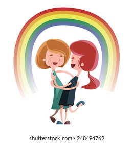 Friendship hug under rainbow vector illustration cartoon character