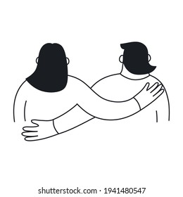 Friendship, hugging couple in black-white style. Romance, support, love, and relationships. Flat thin line vector illustration on white.