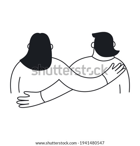 Friendship, hugging couple in black-white style. Romance, support, love, and relationships. Flat thin line vector illustration on white.