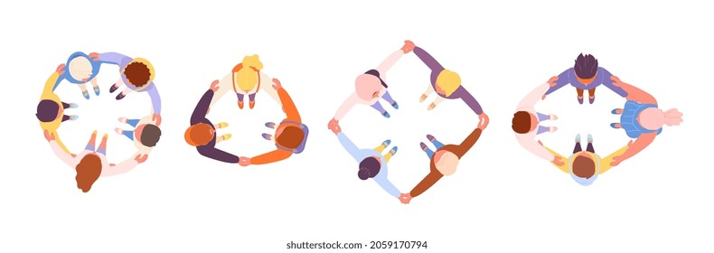 Friendship hugs. Hugging circle, man support in geometric shapes. Isolated community metaphor, people stand together and hug. Top view utter vector characters