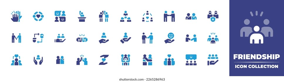 Friendship icon collection. Duotone color. Vector illustration. Containing high five, friendship, help, support, relationship, happiness, handshake, friends, teamwork, protect, people, caring, love.