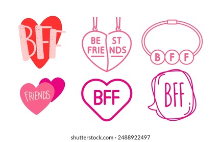 Friendship Icon Collections Cute Hand-Drawn Heart Doodles, Love, Best FriendForever Lettering.Ideal for Friends Day Cards, Social Media Templates, and Best Friend Wallpaper Design. Vector Illustration