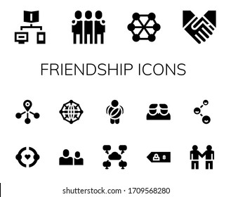 friendship icon set. 14 filled friendship icons.  Simple modern icons such as: Connection, Friends, Connect, Handshake, Friendship, Network, Childhood, Friend, Deal