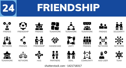 friendship icon set. 24 filled friendship icons.  Collection Of - Friends, Friendship, Teamwork, Solidarity, Network, Handshake, Unity, Hug, Partners, Deal, Community, Add user