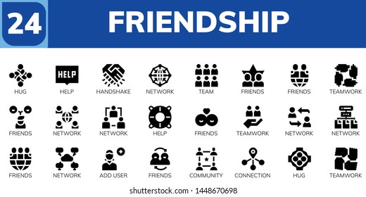 friendship icon set. 24 filled friendship icons.  Collection Of - Hug, Help, Handshake, Network, Team, Friends, Teamwork, Add user, Community, Connection