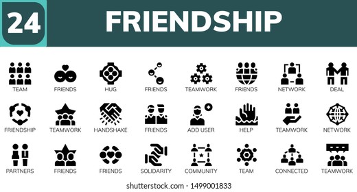 friendship icon set. 24 filled friendship icons.  Simple modern icons about  - Team, Friends, Hug, Teamwork, Network, Deal, Friendship, Handshake, Add user, Help, Partners, Solidarity