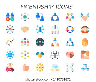 friendship icon set. 30 flat friendship icons.  Simple modern icons about  - staff, networking, network, teamwork, handshake, agreement, team, connection, add user, hand, hand shake