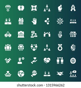 friendship icon set. Collection of 36 filled friendship icons included Teamwork, Handshake, Friends, Network, Durian, Hand shake, Give love, Add user, Hand, Life, Leader, Team