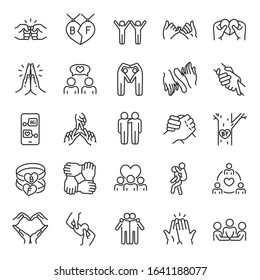 Friendship, Icon Set. Communication And Interaction, Mutual Affection, Relationship Between People, Linear Icons. Friends Chatting And Having Fun With Each Other. Line With Editable Stroke