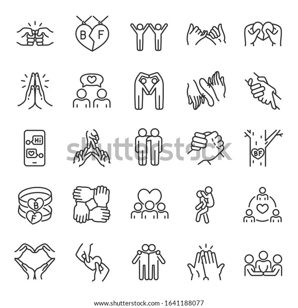 Friendship, icon set. Communication and
Interaction, mutual affection, relationship between people, linear
icons. Friends chatting and having fun with each other. Line with
editable stroke